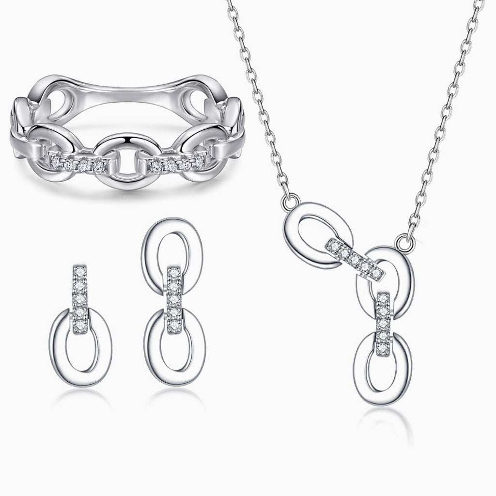 Luxuriöses Schmuckset aus Sterlingsilber mit ineinandergreifenden Kreisen und Zirkonia-Pavé