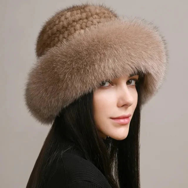 andmade Knitted Mink & Fox Fur Hat for Women