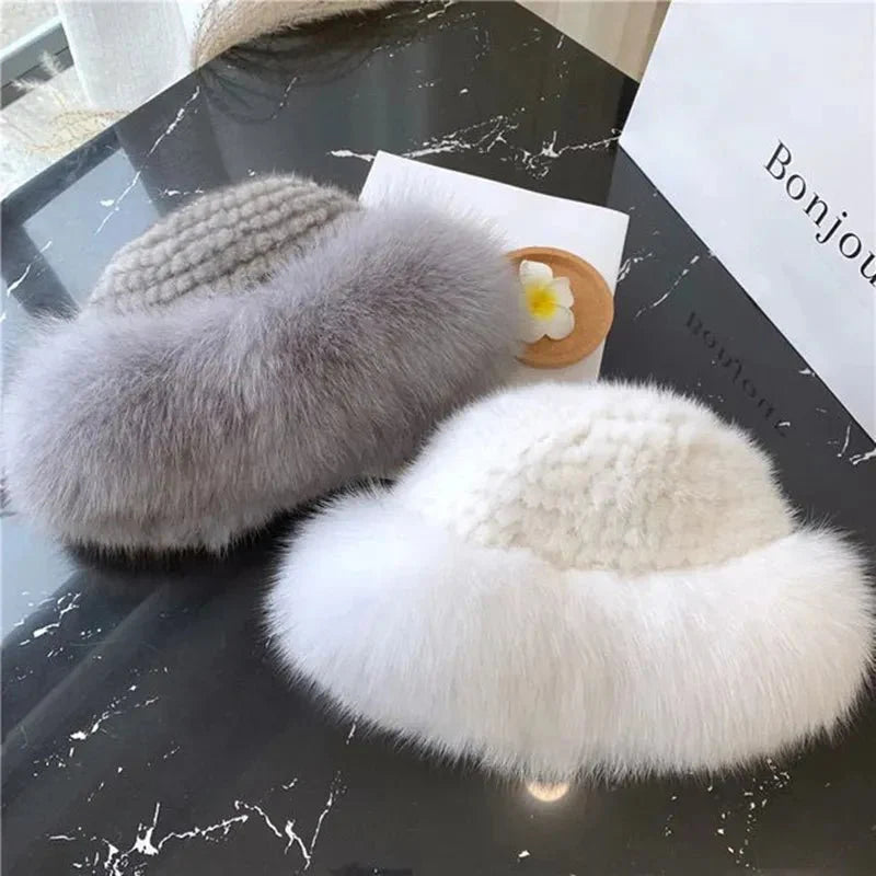 andmade Knitted Mink & Fox Fur Hat for Women