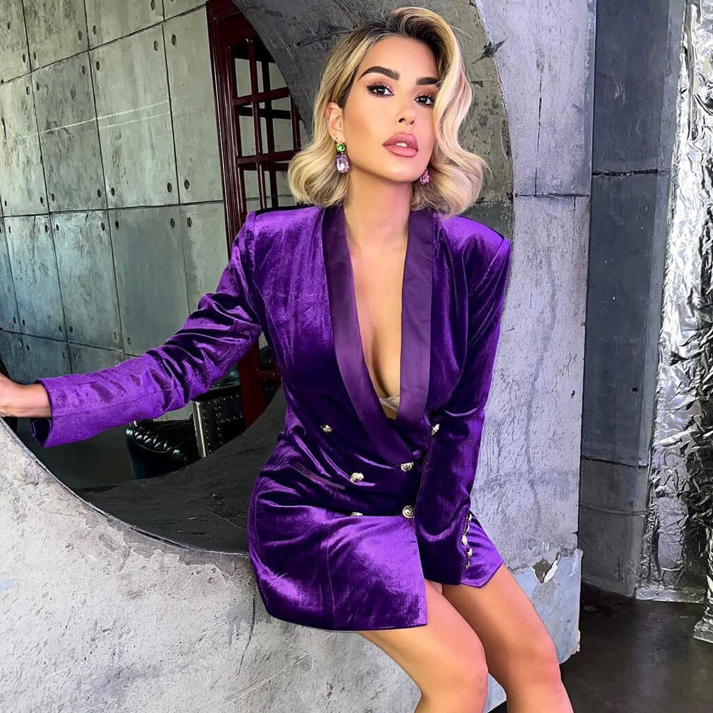 Luxurious Shawl Lapel Double Breasted Velvet BlazerMini Dress - Purple