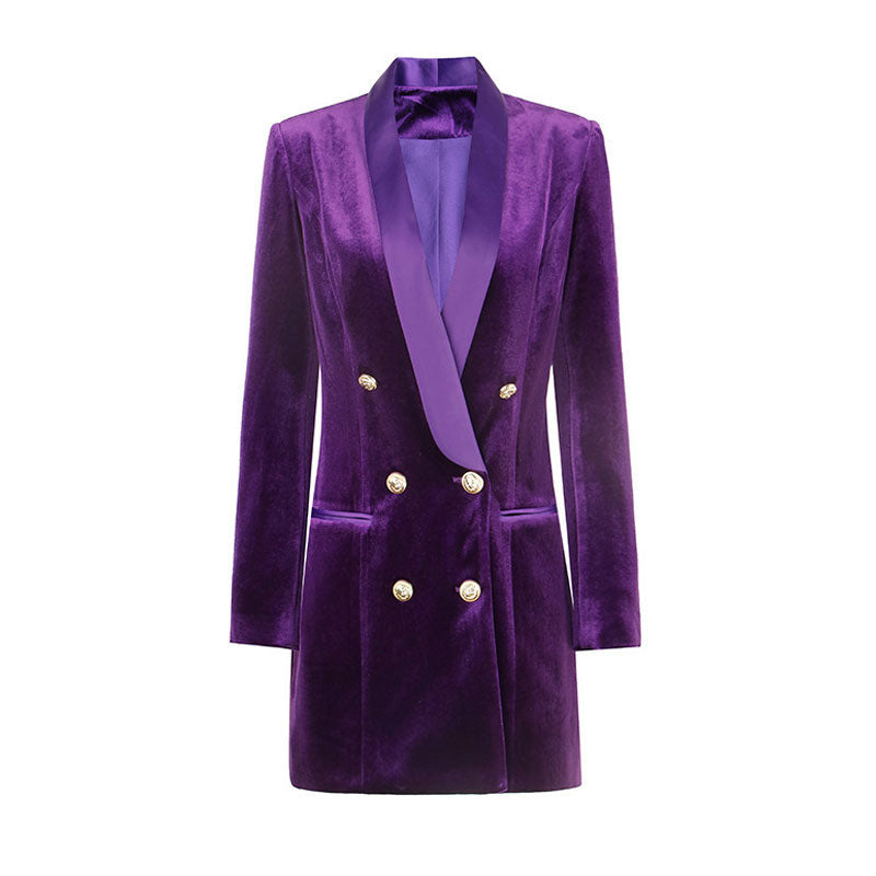 Lujoso minivestido blazer de terciopelo cruzado con solapa chal - Morado