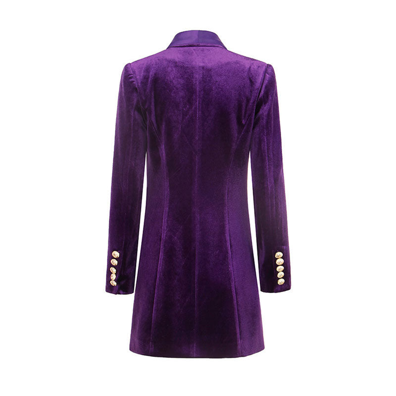 Luxurious Shawl Lapel Double Breasted Velvet BlazerMini Dress - Purple