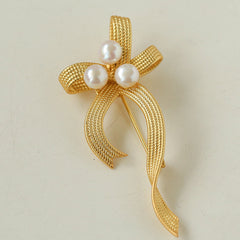 18K Gold Plated Freshwater Pearl Embellished Ribbon Bow Brooch