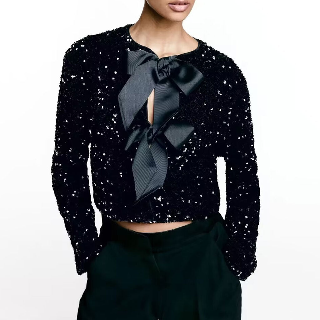 Big Bow Tie Crew Neck Long Sleeve Sequin Velvet Crop Jacket