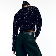 Big Bow Tie Crew Neck Long Sleeve Sequin Velvet Crop Jacket