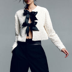 Big Bow Tie Crew Neck Long Sleeve Sequin Velvet Crop Jacket