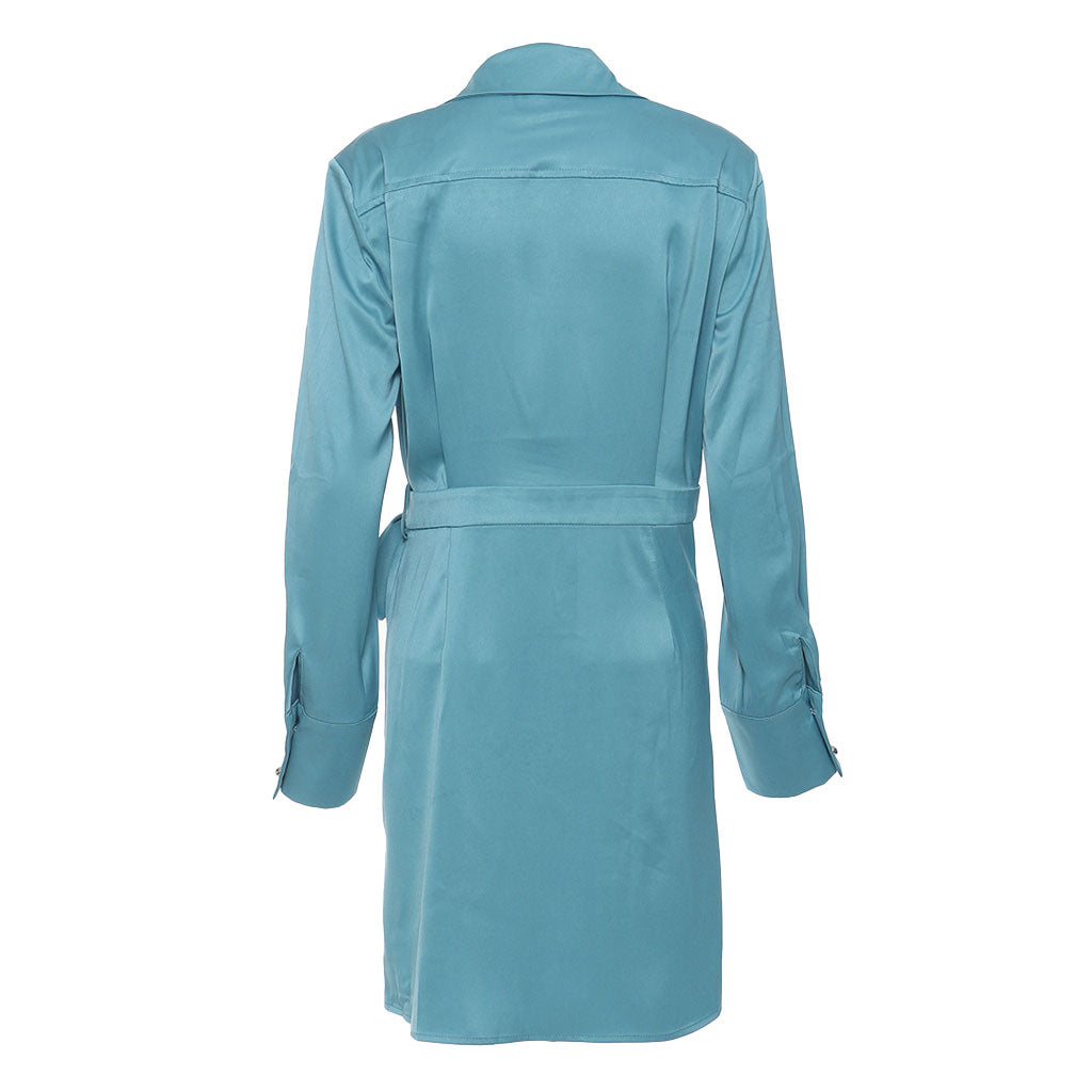 Collared Long Sleeve Patch Pocket Tie Waist Pleated Satin Midi Shirt Dress