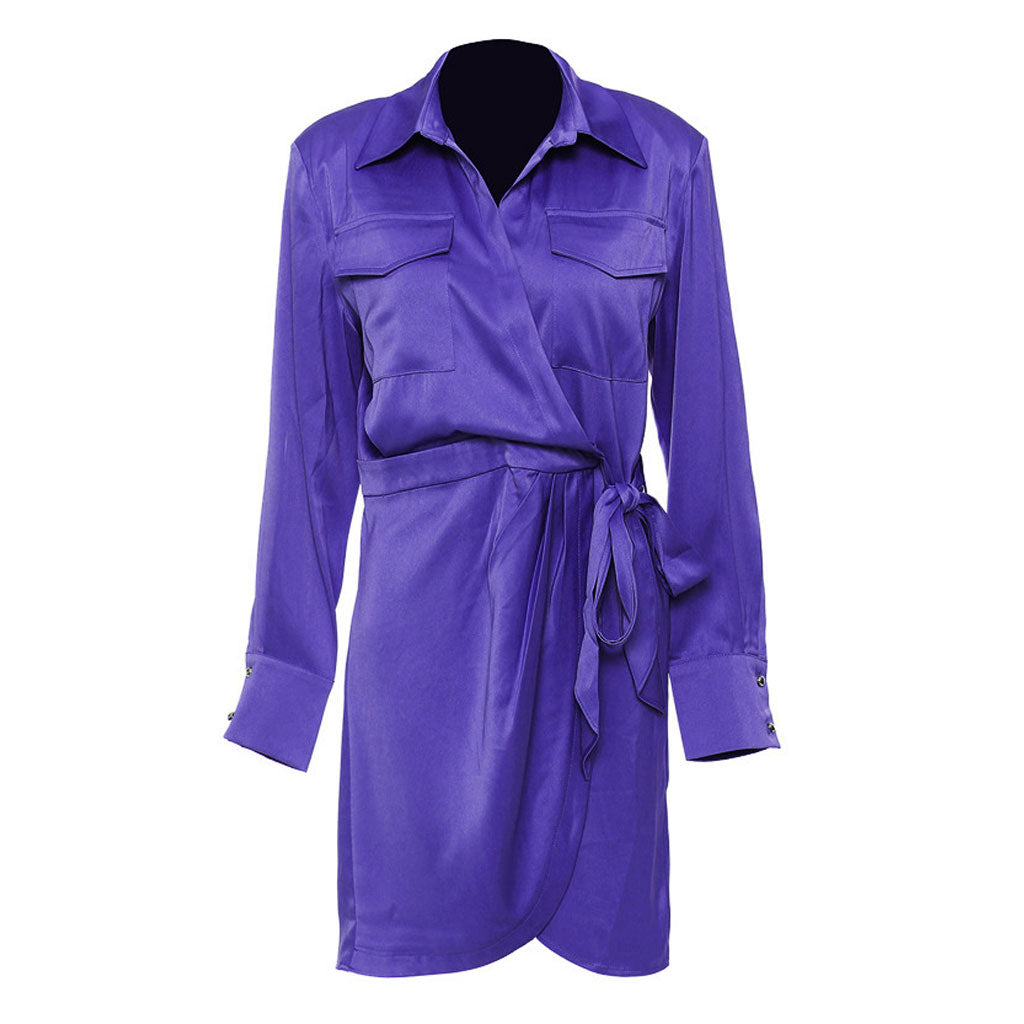 Collared Long Sleeve Patch Pocket Tie Waist Pleated Satin Midi Shirt Dress