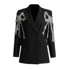 Crystal Bow Embellished Lapel Collar Single Breasted Blazer