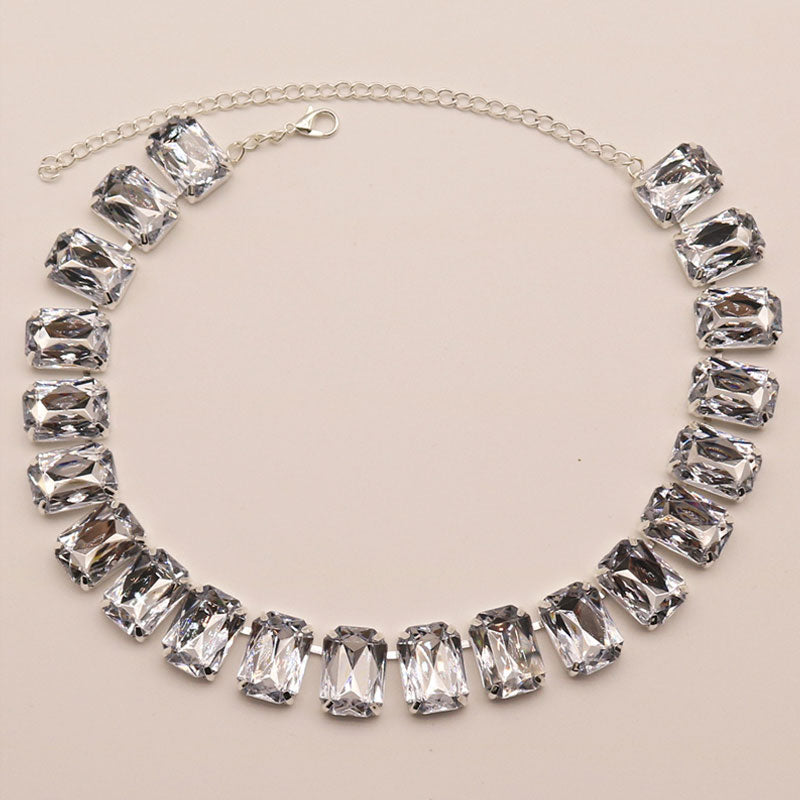 Emerald Cut Crystal Embellished Silver Plated Tennis Necklace - White