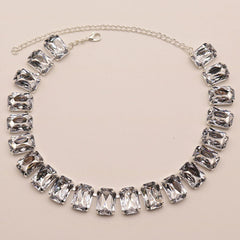 Emerald Cut Crystal Embellished Silver Plated Tennis Necklace - White
