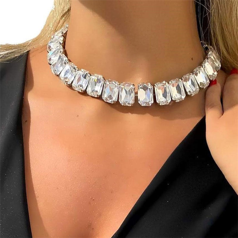 Emerald Cut Crystal Embellished Silver Plated Tennis Necklace - White