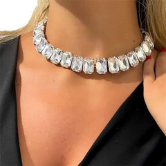 Emerald Cut Crystal Embellished Silver Plated Tennis Necklace - White