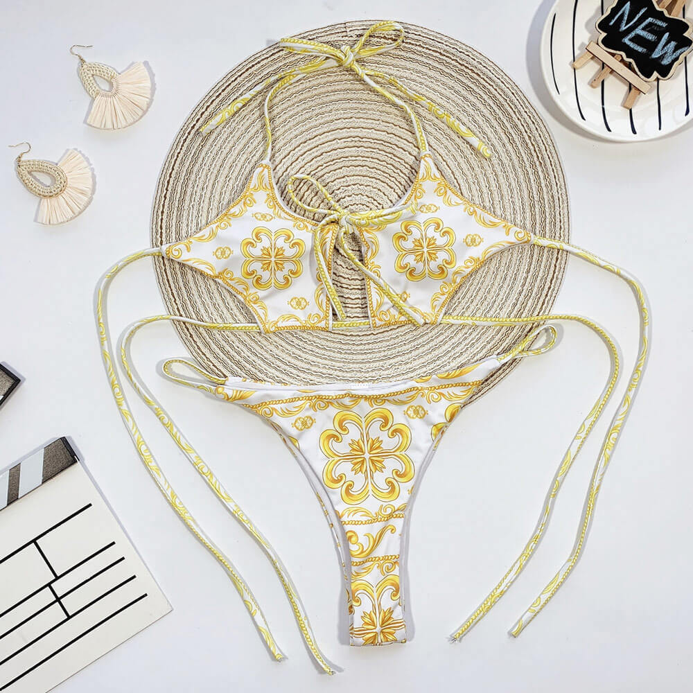 Brasilianischer zweiteiliger Bikini-Badeanzug mit Blumenmuster, Schnürung und Cut-Out