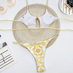 Brasilianischer zweiteiliger Bikini-Badeanzug mit Blumenmuster, Schnürung und Cut-Out