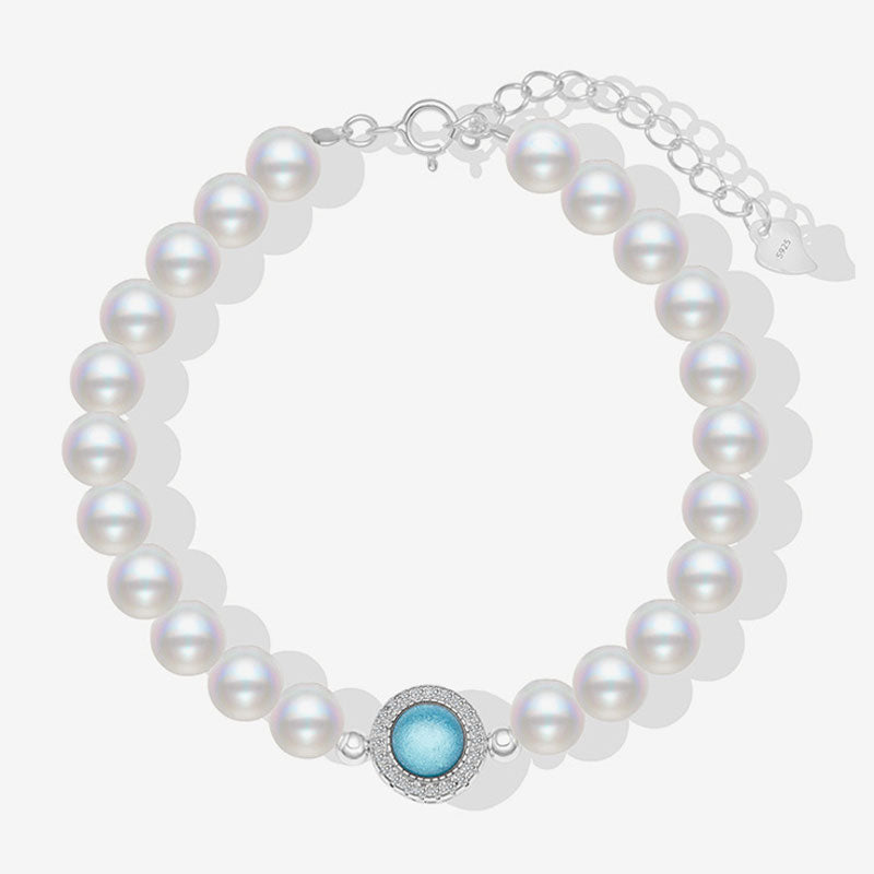 Süßwasserperlen-Charm-Armband mit Zirkonia und Aquamarin-Kristallen