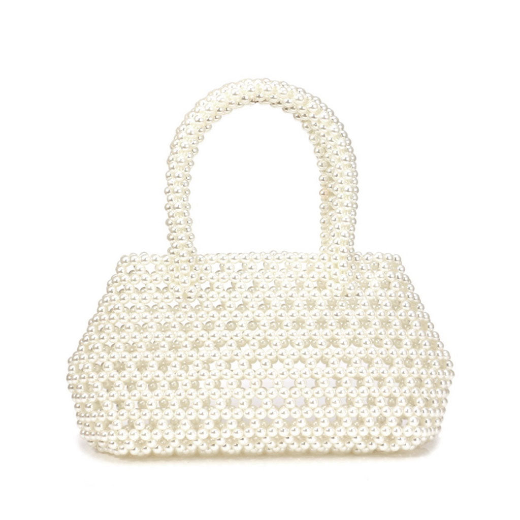 Geometric Top Handle Pearl Beaded Evening Clutch Bag - White