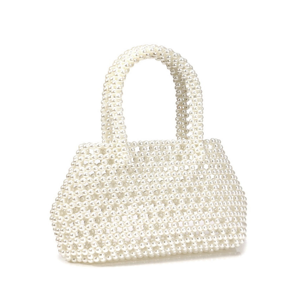 Geometric Top Handle Pearl Beaded Evening Clutch Bag - White