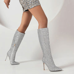 Glitter Pointed Toe Stiletto Heel Knee High Boots - Silver