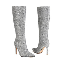 Glitter Pointed Toe Stiletto Heel Knee High Boots - Silver