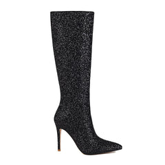 Glitter Pointed Toe Stiletto Heel Knee High Boots - Black