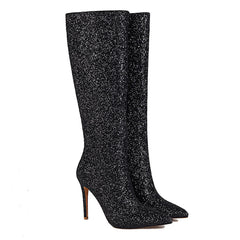 Glitter Pointed Toe Stiletto Heel Knee High Boots - Black