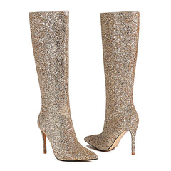 Glitter Pointed Toe Stiletto Heel Knee High Boots - Gold