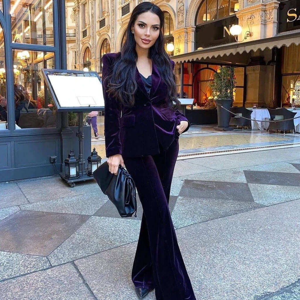 Lapel Collar Long Sleeve Velvet BlazerMatching Set - Purple