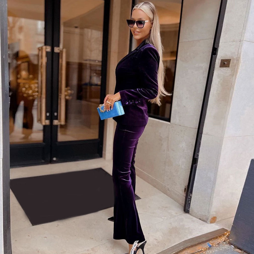 Lapel Collar Long Sleeve Velvet BlazerMatching Set - Purple