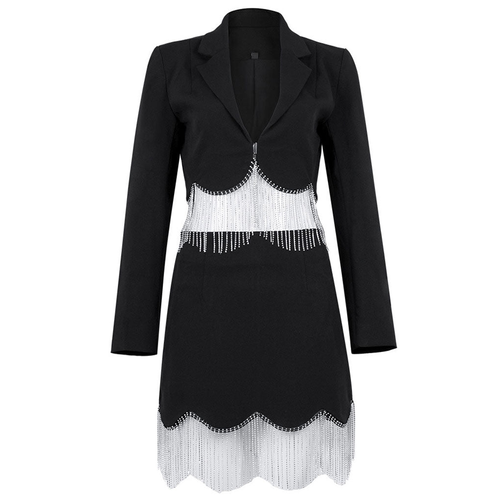 Lapel Collar Plunge Crystal Fringe High Waist Crop BlazerMatching Set