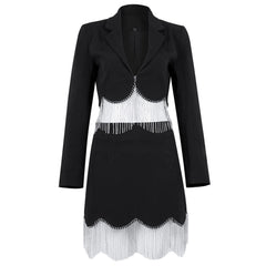 Lapel Collar Plunge Crystal Fringe High Waist Crop BlazerMatching Set