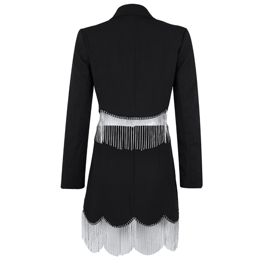 Lapel Collar Plunge Crystal Fringe High Waist Crop BlazerMatching Set