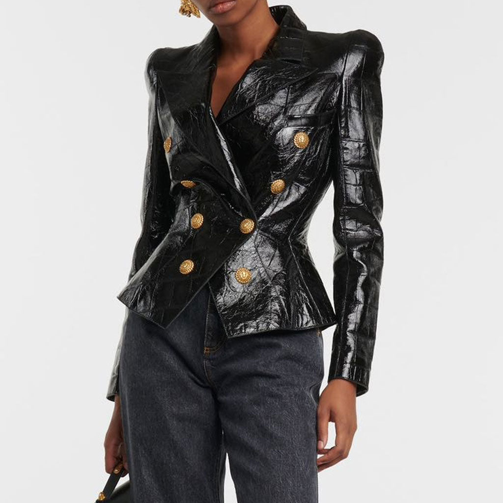 Lapel Gold Tone Double Breasted Fitted Waist Sheen Vegan Leather Jacket