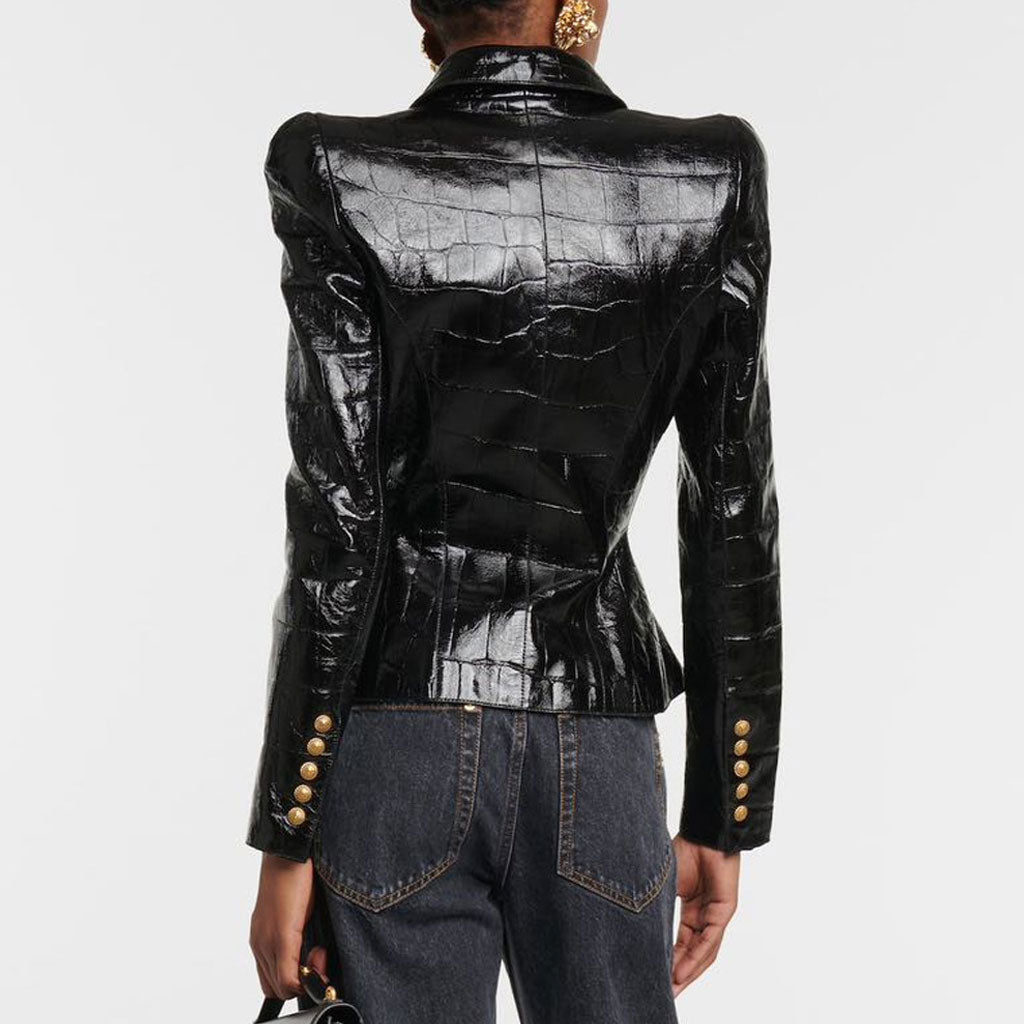 Lapel Gold Tone Double Breasted Fitted Waist Sheen Vegan Leather Jacket