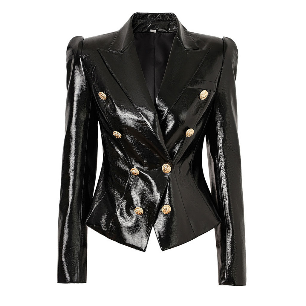 Lapel Gold Tone Double Breasted Fitted Waist Sheen Vegan Leather Jacket