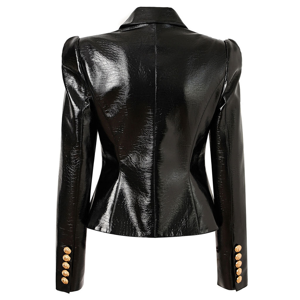 Lapel Gold Tone Double Breasted Fitted Waist Sheen Vegan Leather Jacket