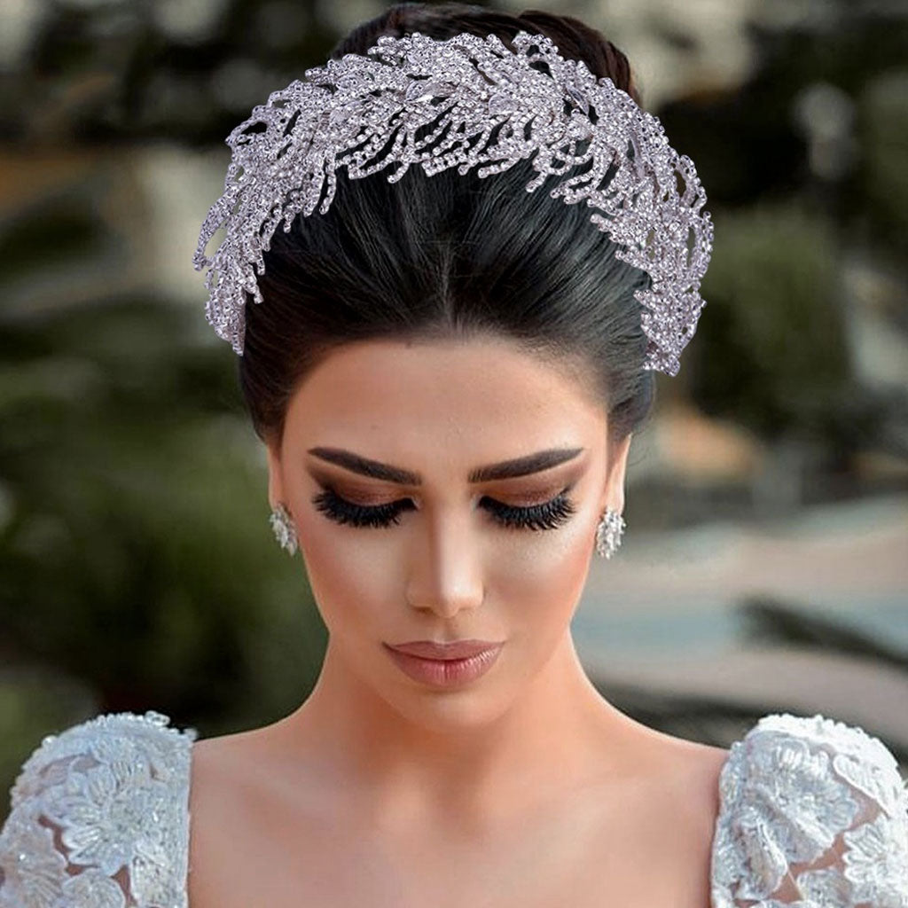 Leaf Detail Crystal Embellished Bridal Headband - Silver