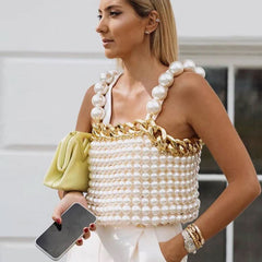 Metal Chain Oversized Imitation Pearl Beaded Backless Crop Top - White