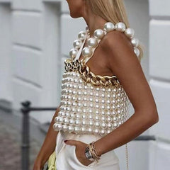 Metal Chain Oversized Imitation Pearl Beaded Backless Crop Top - White