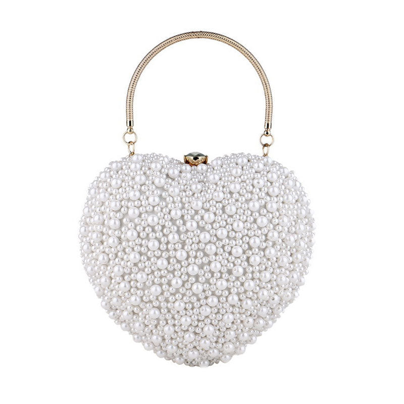 Metal Handle Pearl Beaded Heart Shaped Clutch Bag - White