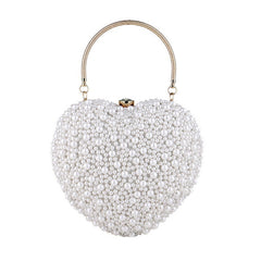 Metal Handle Pearl Beaded Heart Shaped Clutch Bag - White