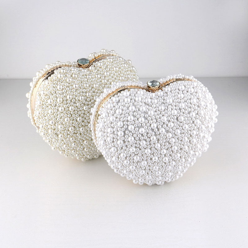 Metal Handle Pearl Beaded Heart Shaped Clutch Bag - White