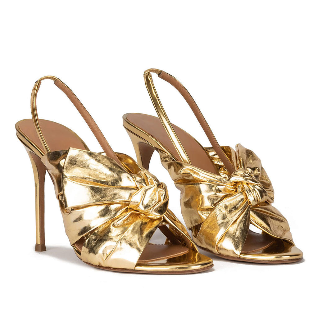 Metallic Bow Detail Round Toe Stiletto Slingback Sandals - Gold