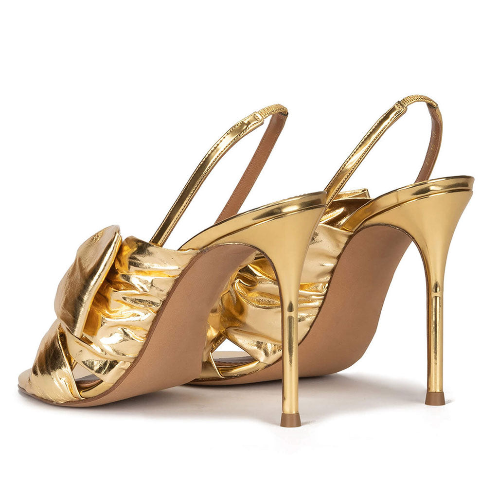 Metallic Bow Detail Round Toe Stiletto Slingback Sandals - Gold