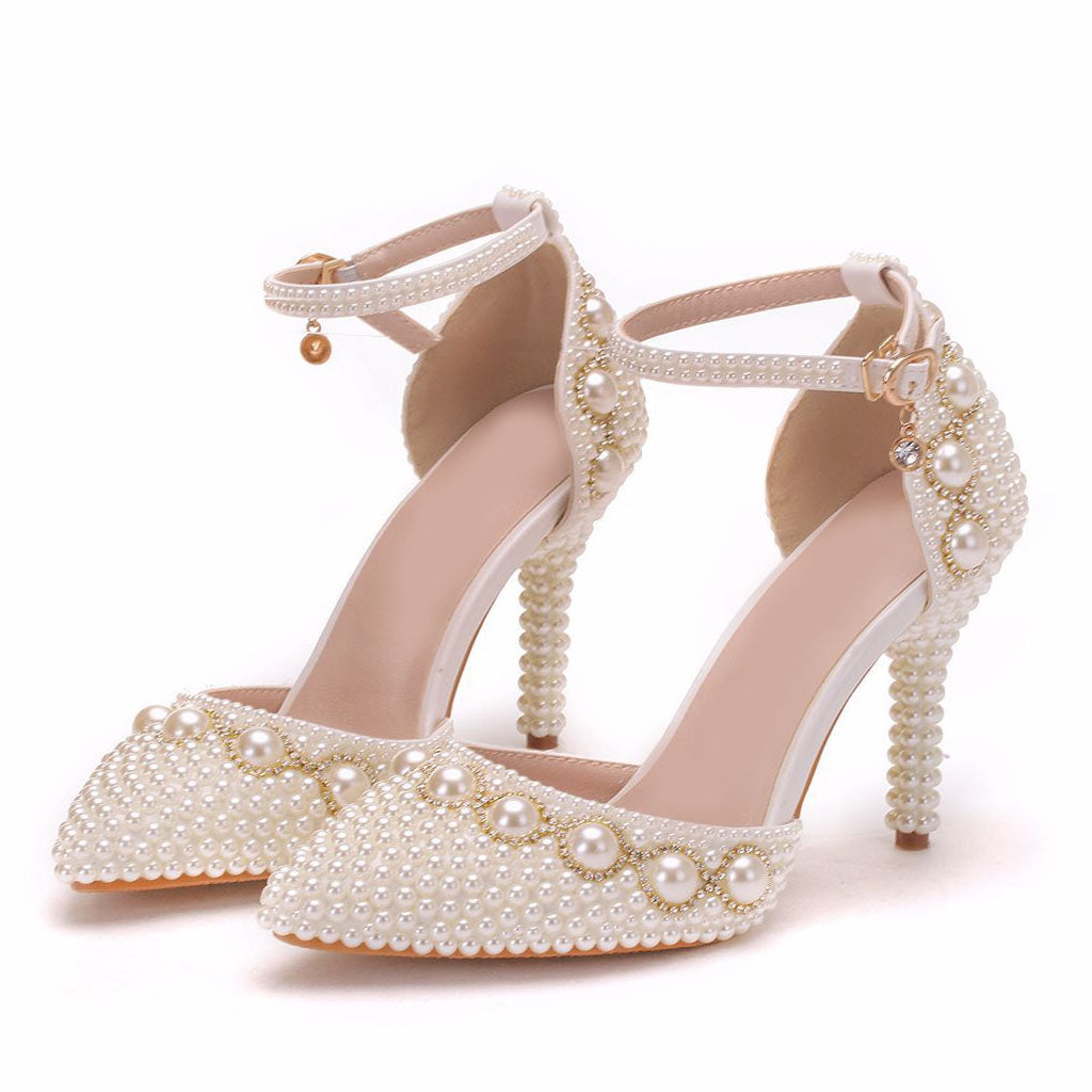 Pearl Embellished Ankle Strap Pointed Toe Stiletto Sandals - Beige