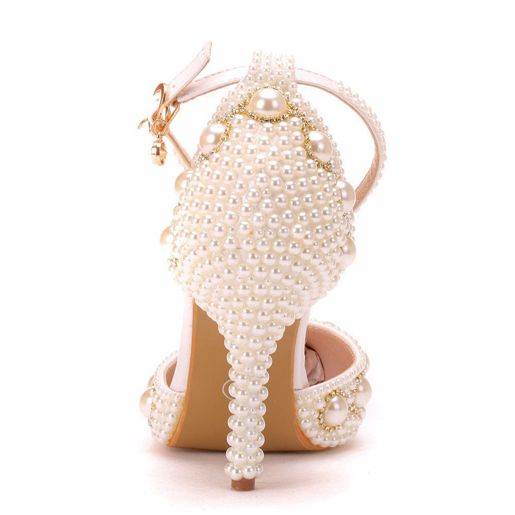 Pearl Embellished Ankle Strap Pointed Toe Stiletto Sandals - Beige