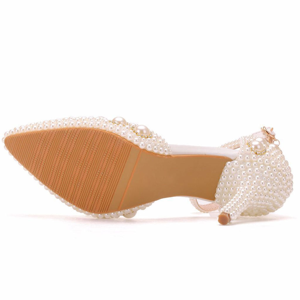 Pearl Embellished Ankle Strap Pointed Toe Stiletto Sandals - Beige