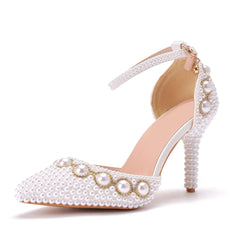 Pearl Embellished Ankle Strap Pointed Toe Stiletto Sandals - White