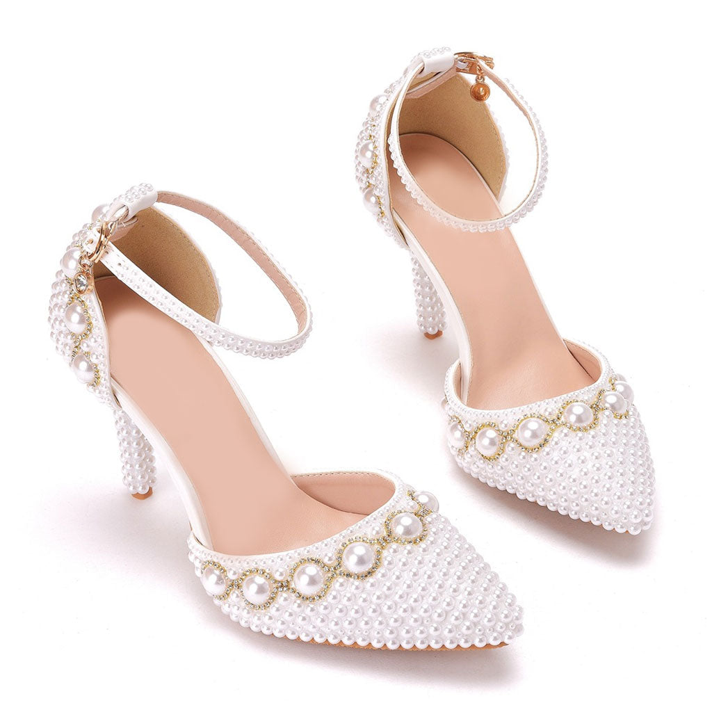 Pearl Embellished Ankle Strap Pointed Toe Stiletto Sandals - White