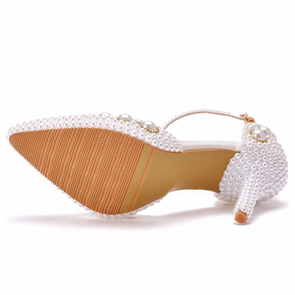 Pearl Embellished Ankle Strap Pointed Toe Stiletto Sandals - White